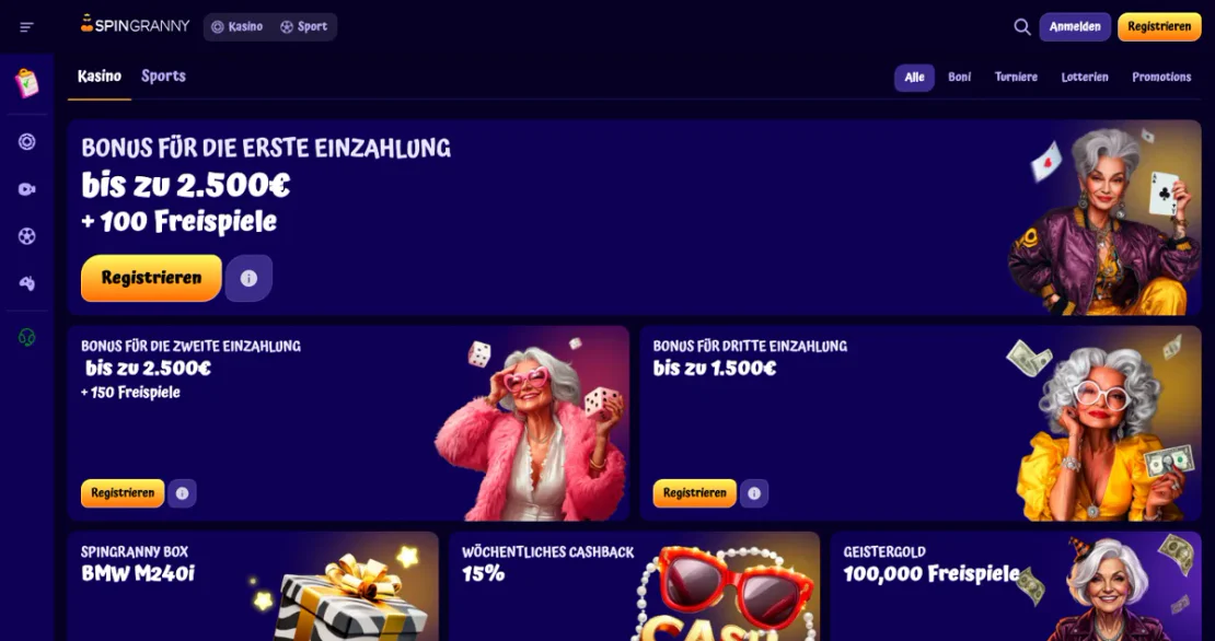 Bonusbereich auf der Website von Spingranny